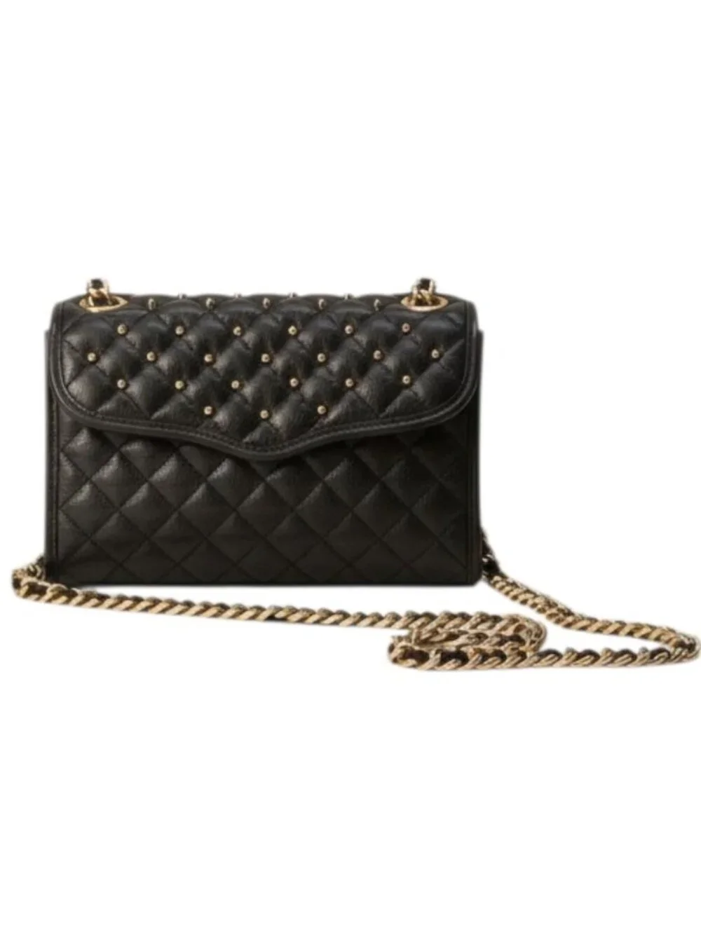 Rebecca Minkoff Quilted Black Leather Crossbody Bag With Gold Chain Strap & Blue